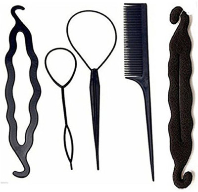 PELO Hair Accessories Topsy Tail Braid Ponytail, Hair Bun Maker kit, Hair Accessory Set, Hair Tools Kit (Black) (Set Of 5 Tools) Hair Accessory Set(Black)