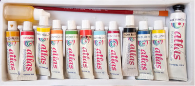

Atlas Colours Student Oil Color Box - 9ml tubes, 12 Different Colours, 1 Flat Brush, 10 ml Linseed Oil, 11 ml White Extra(Set of 12, White)