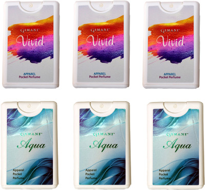 

Gimani Vivid and Aqua Pocket Perfume 20 ML Each (Pack of 6) Eau de Parfum - 120 ml(For Men & Women)