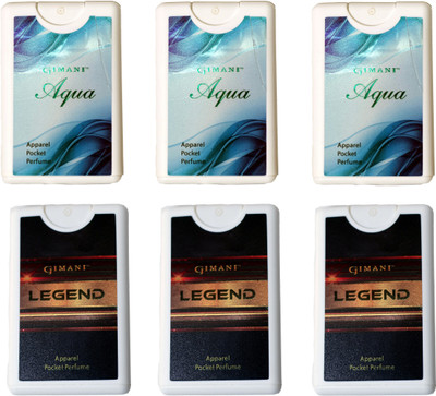 

Gimani Aqua and Legend Pocket Perfume 20 ML Each (Pack of 6) Eau de Parfum - 120 ml(For Men & Women)