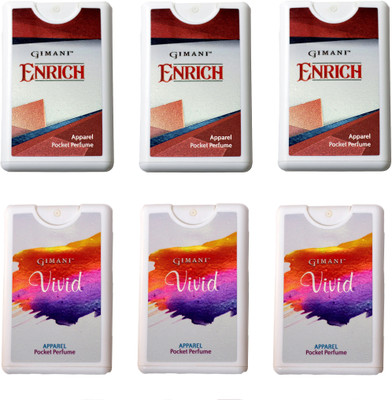 

Gimani Enrich and Vivid Pocket Perfume 20 ML Each (Pack of 6) Eau de Parfum - 120 ml(For Men & Women)