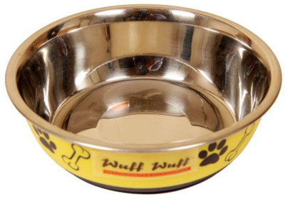 

Wuff Wuff tainless Steel Food And Water Melamine Stand With Non-Skid Rubber Bottom, Medium Round Plastic Pet Bowl Mat