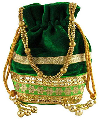 

Dms Retail Velvet Potli Bags for Wedding With Metal Beadwork Drawstings For Women And Girls Green Potli(Green)