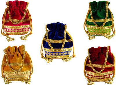 

Dms Retail Multicolor Velvet Potli Bags for Wedding With Metal Beadwork Drawstings For Women And Girls Pack Of 5 Potli(Multicolor)