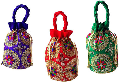 

Dms Retail Multicolored Combo Of 3 Ethnic Brocade And Silk Jardosh Embroidered Potli bag For Women And Girls Potli(Multicolor)