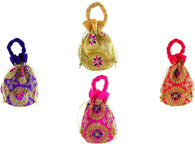 

Dms Retail Multicolored Combo Of 4 Ethnic Brocade And Silk Jardosh Embroidered Potli bag For Women And Girls Potli(Multicolor)