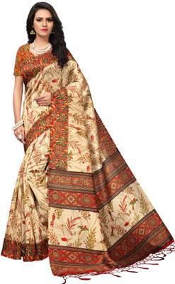 Aaghnya Floral Print Baluchari Poly Silk Saree(Beige)