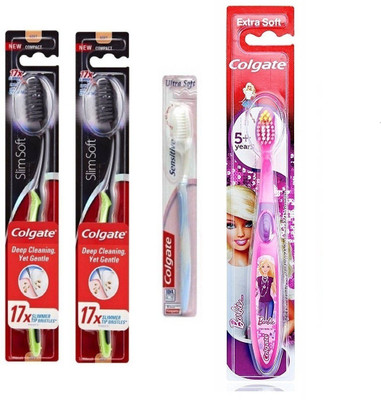 

Colgate 360 Charcoal Slimsoft Deep Cleaning,sensitive and barbie for kids Ultra Soft Toothbrush(Pack of 4)
