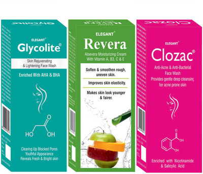 

Elegant Glycolite Skin Rejuvenating & Lightening, Revra Aloevera Cream With Clozac Anti - Acne & Anti - Bacterial(Set of 3)