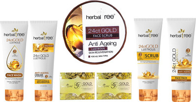 

Herbaltree Combo Pack 2 Gold Bleach 42gm, 1 Gold Scrub 180gm & 24ct Gold Face Scrub, Face Wash, Face Pack, Face Cream 120ml Pack Of 7(Set of 1)