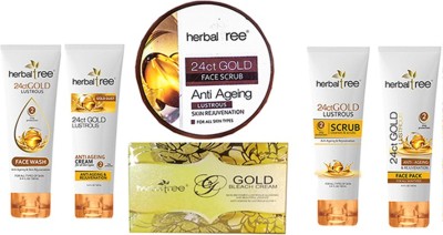 

Herbaltree Combo Pack Gold Bleach 300gm, 1 Gold Scrub 180gm & 24ct Gold Face Scrub, Face Wash, Face Pack, Face Cream 120ml Pack Of 7(Set of 1)