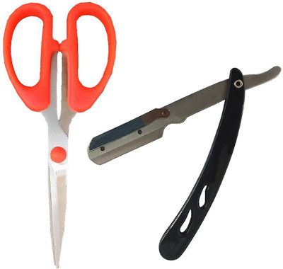 

JAMPAK Stainless Steel Straight Barber Folding Hair Salon Razor with plastic handle , Small Safety Scissor For Office, Hair Cutting, Trimming, Kids Craft(Set of 2)