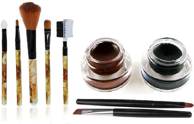 

hich Makeup Brush 5in1 Assorted Packing & Color With Waterproof, Smudgeproof Gel Eyeliner with 2 Brushes(Brown, Black)(Set of 2)