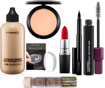 

Ultimate Silicon Puff With Red Lipstick & Face And Body Foundation & Fix Compact & pen Eyeliner With Mascara,prep+prime Highlight(Set of 7)