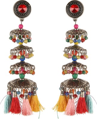 Muccasacra Funky Collection Designer Layered Stud with Multicolour Tassels Beads German Silver, Stone, Sterling Silver, Fabric Stud Earring, Tassel Earring