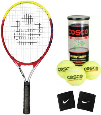 

Cosco Drive 23 (Junior Size - 23 Inch) (Age Group - 6 to 8 Years) Tennis Racquet (Color on Availability) with Tennis Ball " Championship " 2 Band ( Color on Availability) Tennis Kit