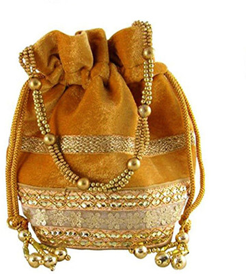 

Dms Retail Velvet Potli Bags for Wedding With Metal Beadwork Drawstings For Women And Girls Khaki Potli(Khaki)