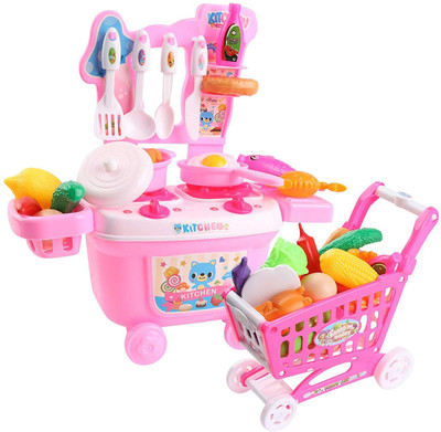 

Bestie Toys 2 in 1 Kitchen Cooking Bench Toys with Shopping Cart Chef Educational Workbench Food Vegetables Kitchenware for Kids