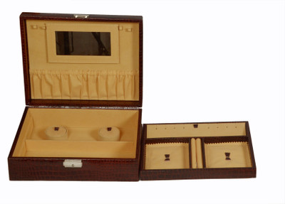 

ZINT PURE LEATHER BROWN MULTI-COMPARTMENT JEWELRY BOX KEY LOCK TRINKET CASE RINGS PENDANTS TRAVEL ORGANIZER(Brown)