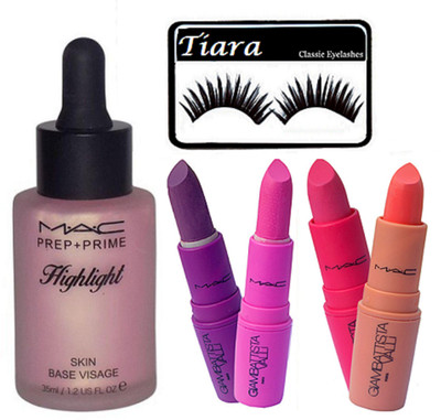 

tiara Eyelashes , Mac Prep+Prime Highlighter , Giambattista Valli Lipstick Pack Of 4(Set of 6)