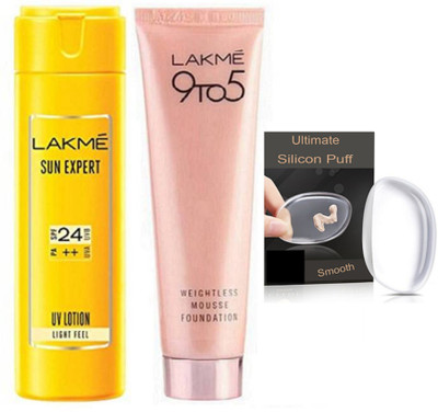 

Ultimate sponge puff and lakme 9to5 weightless mousse foundation with lakme sun expert uv lotion(Set of 3)