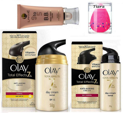 

tiara sponge puff , olay Total Effect day cream 50 g and 20 g with lakme B.B. bright benefit all in 1 instant skin stylist(Set of 4)