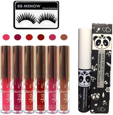 

BB MENOW liquid 6 pcs lipstick multycolour and eye liner and 1 set eyelash (pack of 3)(Set of 8)