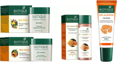 

BIOTIQUE BIO Papaya Revitalizing Tan-Removal Scrub, Fruit Whitening & Depigmentation Face Pack, Honey Gel Refreshing Foaming FaceÂ cleanser, lip balm(Set of 4)