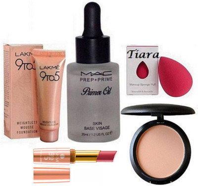 

tiara Sponge Puff, Lakme Mousse Foundation, Mac Compact, Prep+Prime Primer Oil , creameless Lipstick(Set of 5)