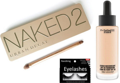 

ravishing Eyelashes , Mac studio water weight foundation, Naked 2 eye shadow 12 shades palette(Set of 3)