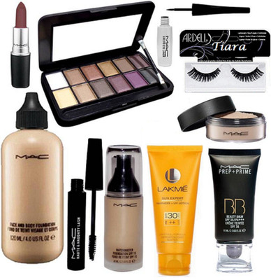 

tiara EYELASHES , MAC 12 SHADES EYE SHADOW PALETTE , FACE AND BODY & MATCH MASTER FOUNDATION , LASH MASCARA , LIQUID EYELINER , MATTE FINISH LIPSTICK , LOOSE POWDER , PREP+PRIME BB BEAUTY BALM CREAM TEINTEE WITH LAKME SUN EXPERT UV LOTION(Set of 10)
