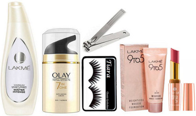 

tiara Eyelashes , Olay Total Effect 7 in One Anti Ageing Cream , Lakme Body Lotion (120ML) , nail cuter ,Weight less Mousse 6 gm, Creameless lipstick(Set of 6)