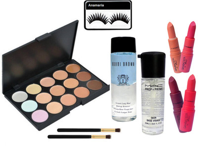 

Anamaria Eyelashes & Mac 15 Shades Concealer Palette & Bobbi Brown Makeup Remover & Prep+Prime Primer With Makeup Brush 2 & Giambattista Valli Lipstick (pack Of 4)(Set of 10)