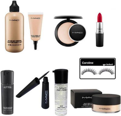 

caroline Eyelashes, Mac face and body foundation, select cover-up concealer, compact, matte finish lipstick, moisture infusion serum, haute and naughty mascara, pre+prime primer & Loose powder(Set of 9)