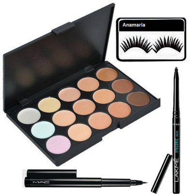 

anamaria Eyelashes & Mac 15 Shades Concealer Palette & Lakme Eyeconic Kajal & Pen Eyeliner(Set of 4)