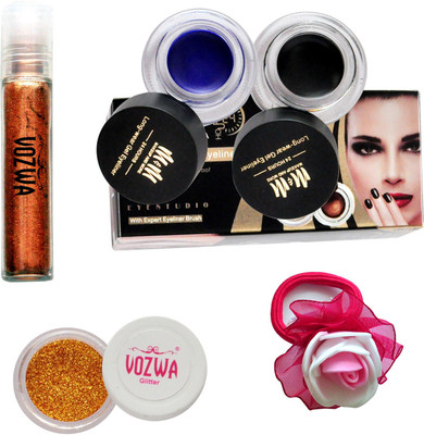 

Vozwa Copper Roll On Shimmer, Golden Nail Arts Glitter powder, Gel Eyeliner (Blue, Black) and Band(Set of 4)