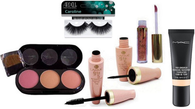 

caroline Eyelashes & 3 Shade Blusher (Multi Shade), Liquid Eyeliner & Mascara, Liquid Lip Gloss & Mac Pro LongWear Nourishing Waterproof Foundation(Set of 6)