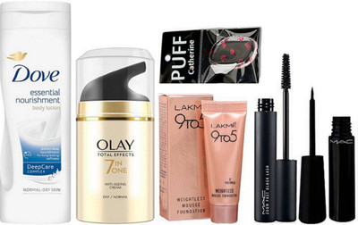 

catherine silicon puff, mac zoom lash mascara and liquid eyeliner, dove essential nourishment body lotion, olay total effect 7 in one anti-ageing cream, lakme 9to5 weightless mousse foundation(Set of 6)
