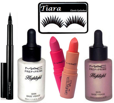 

tiara Eyelashes , Mac Prep+Prime Highlighter pack Of 2 , Pen Eyeliner , Giambattista Valli ipstick Pack Of 2(Set of 6)