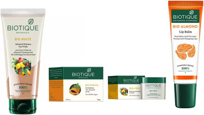 

BIOTIQUE BIO White Advanced Fairness Face Wash, Papaya Revitalizing Tan-Removal Scrub, Fruit Whitening & Depigmentation Face Pack, lip balm(Set of 4)