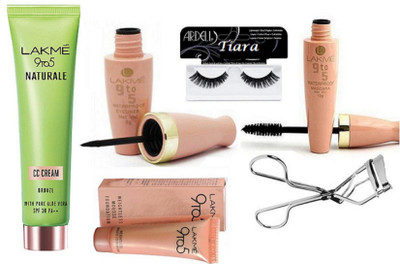 

tiara Eyelashes , Lakme naturale CC cream , Eyeliner & Mascara , Weightless Mousse Foundation , Eyelashes Curler(Set of 6)