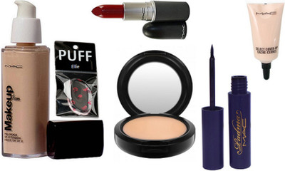 

ellie Silicon Puff, mac make up pro long wear foundation, select cover up concealer concealer, studio fix compact,mac lipstick,mac padma eyeliner(Set of 6)