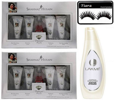 

tiara eyelashes , Shahnaz Husain Diamond Plus Facial Kit (pack of 2) with lakme maximum moisturiser winter intense lotion 120 ml(Set of 4)