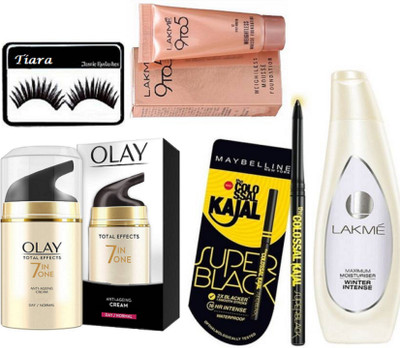 

tiara eyelashes , lakme maximum moisturiser winter intense lotion 120ml , weightless mousse Foundation , super black kajal , olay total effects day cream(Set of 5)