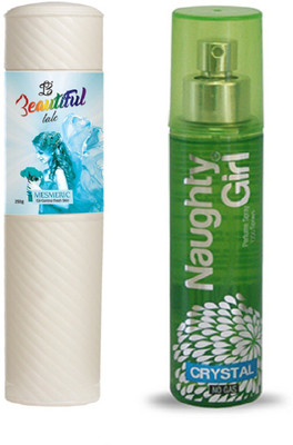

Naughty Girl TALC 250gm MESMERIC & Perfume CRYSTAL 135 ml (Set of 2 for Women)(Set of 2)