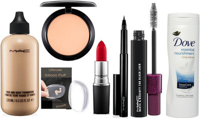 

Ultimate Silicon Puff With Red Lipstick & Face And Body Foundation & Fix Compact & pen Eyeliner With Mascara,Dove Body Lotion(Set of 7)