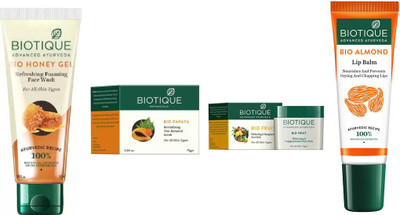

BIOTIQUE BIO Honey Gel Face Wash, Fruit Whitening & Depigmentation Face Pack, Papaya Revitalizing Tan-Removal Scrub, lip balm(Set of 4)