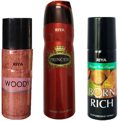 

Riya 1 BORN RICH DEODORANT 150ML+ 1 PRINCESS DEODORANT 200ML+ 1 WOODY DEODORANT 150ML Deodorant Spray - For Men & Women(150 ml, Pack of 3)