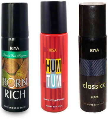 

Riya CLASSICO BLACK+ HUM TUM+ BORN RICH Deodorant Spray - For Men & Women(150 ml, Pack of 3)