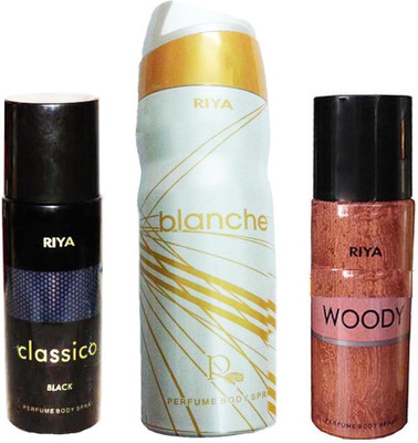 

Riya CLASSICO BLACK PERFUME BODY SPRAY 150ML+BLANCHE PERFUME BODY SPRAY 200ML+WOODY PERFUME BODY SPRAY 150ML Deodorant Spray - For Men(150 ml, Pack of 3)